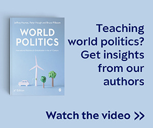 A blue banner with the book cover for 'World Politics' with words on the right reading 'Teaching world politics? Get insights from our authors'